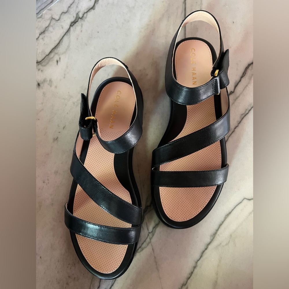 Brand New Cole Haan black leather low platform sandals